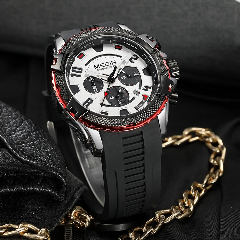 MEGIR New Watch for Men Casual Fashion Silicone Strap Chronograph Quartz Waterproof Wristwatches with Auto Date Luminous Hands