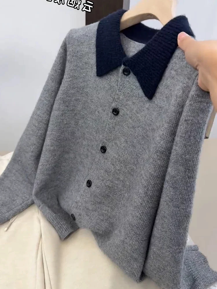 

Korean Sle High-End Color Blo Knitted Cardigan Autumn New plus Size Versatile Slimming Top Warmth Lengthened Sve Long