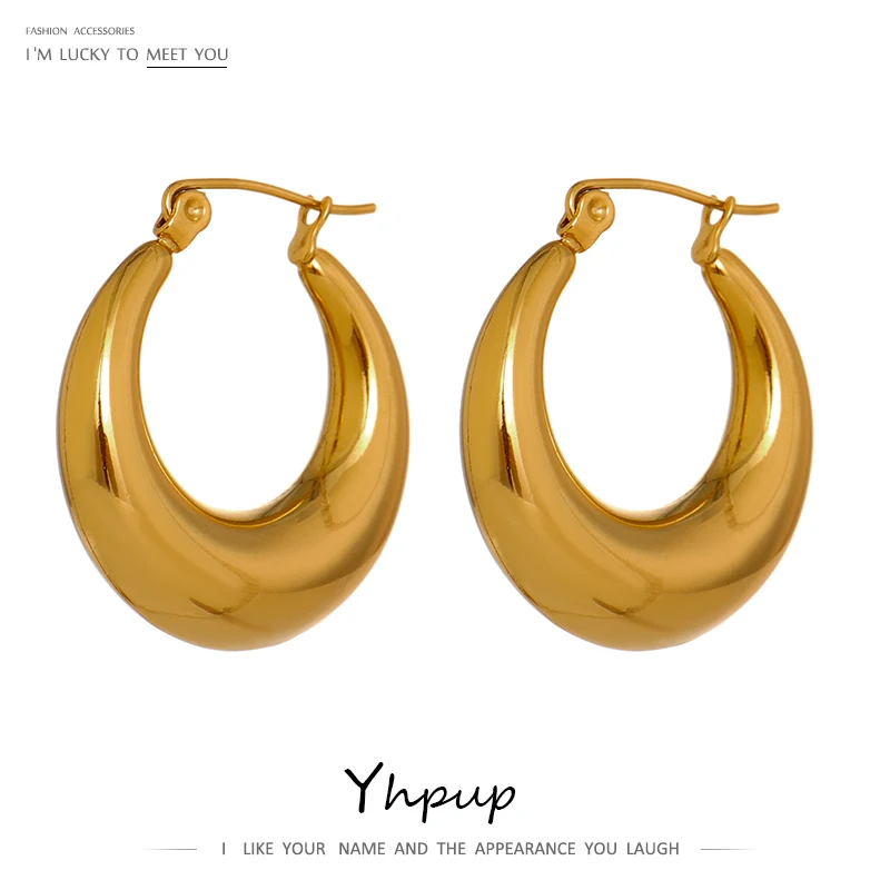 Yhpup Statement Stainless Steel Geometric Hoop Earrings Jewelry for Women Trendy Metal Texture 18 K Earrings Golden Accessories