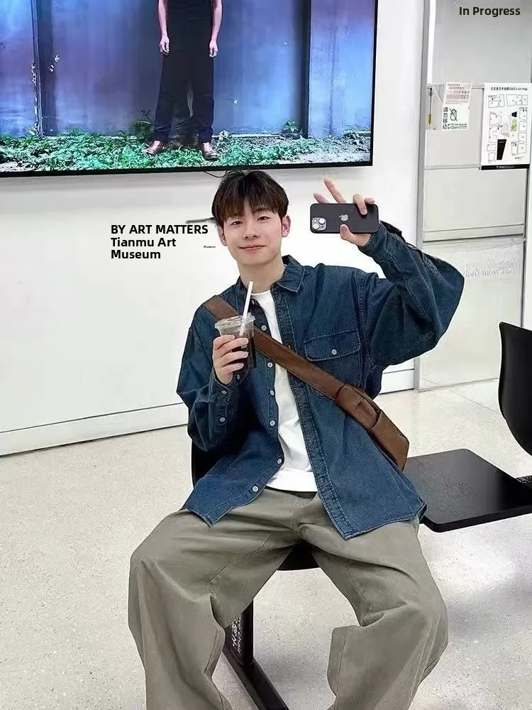 

Мужская джинсовая куртка в стиле ретро, весна-осень, повседневная, свободного кроя, длинная, рабочая, с двойными карманами, молодежная мода