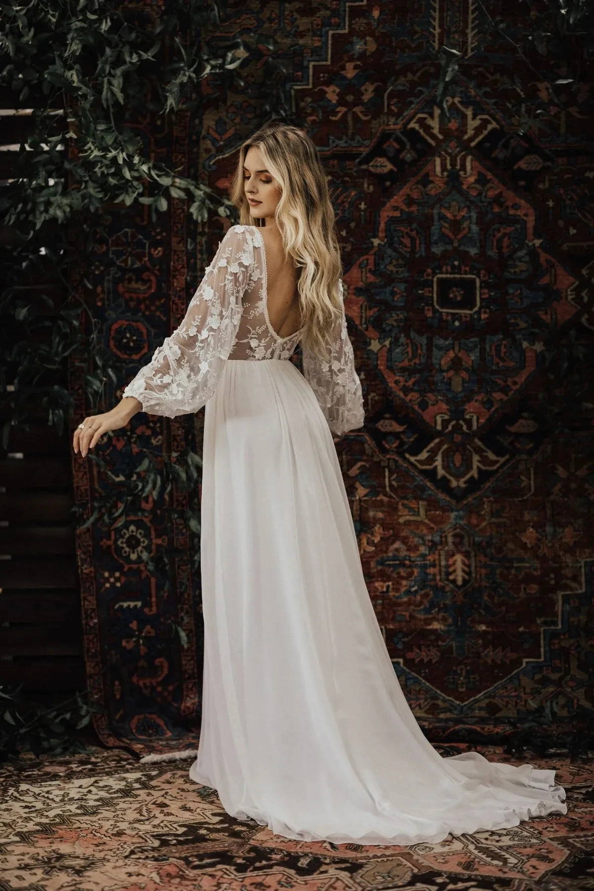 Vestido de casamento boêmio com renda chiffon, decote em v, mangas compridas, A-Line, vestidos boho nupcial