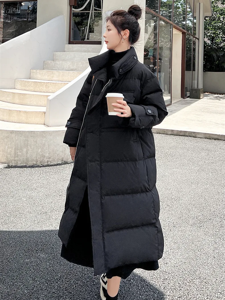 Stand Collar Windproof Coats Winter Women Buttons Big Pockets Long Parka Thickened Warmer Cotton Jacket Korean Puffer Jacket