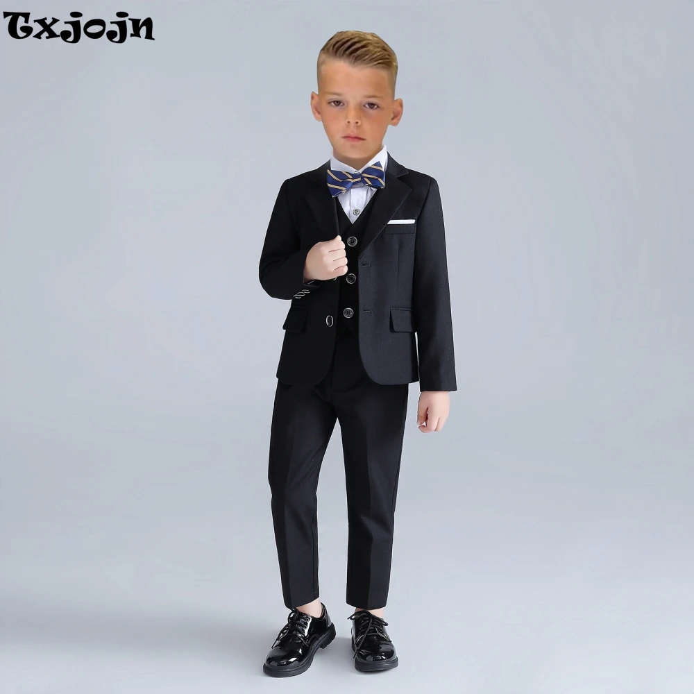 Classic Black Child Tuxedo 4 Pieces Blazer Vest Pants Bow Tie Wedding Ring Bearer Outfit Handsome Boys Slim Fit Suits Activities