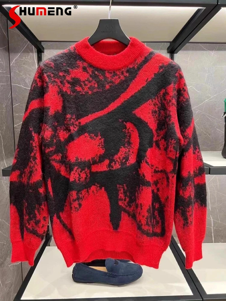 

Fashion Men's 2025 Round Neck Knitwears Red Black Contrast Color Long Sleeve Trendy Pullovers Male Loose Comfort Knitted Tops