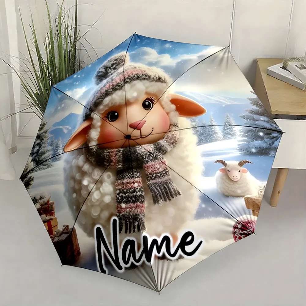 Custom Name  Cute Winter Lamb Umbrella with Festive Countryside Design 8 Iron Ribs Folding Umbrella Auto-Open Fashion Sunshade