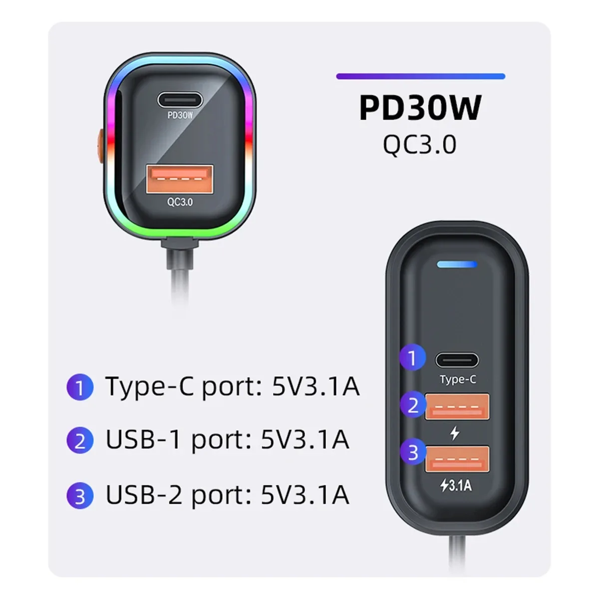 شاحن سيارة 100 وات مع شحن الصف الخلفي 5 منافذ USB شاحن سفر للسيارة من النوع C PD محول شحن سريع لهاتف iPhone Xiaomi Samsung