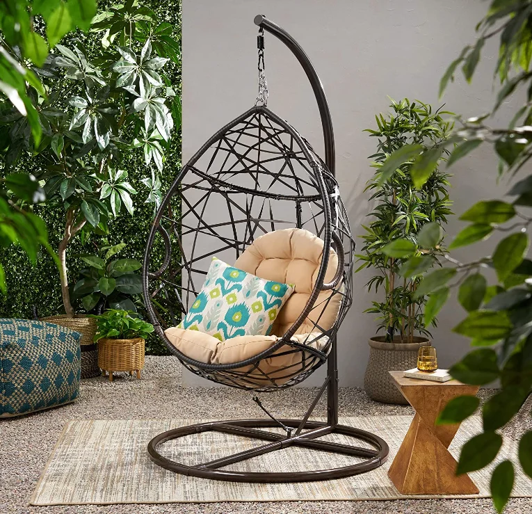New Design Brown Rattan Swing Chair Hanging Egg with Steel Stand for Camping  Chair