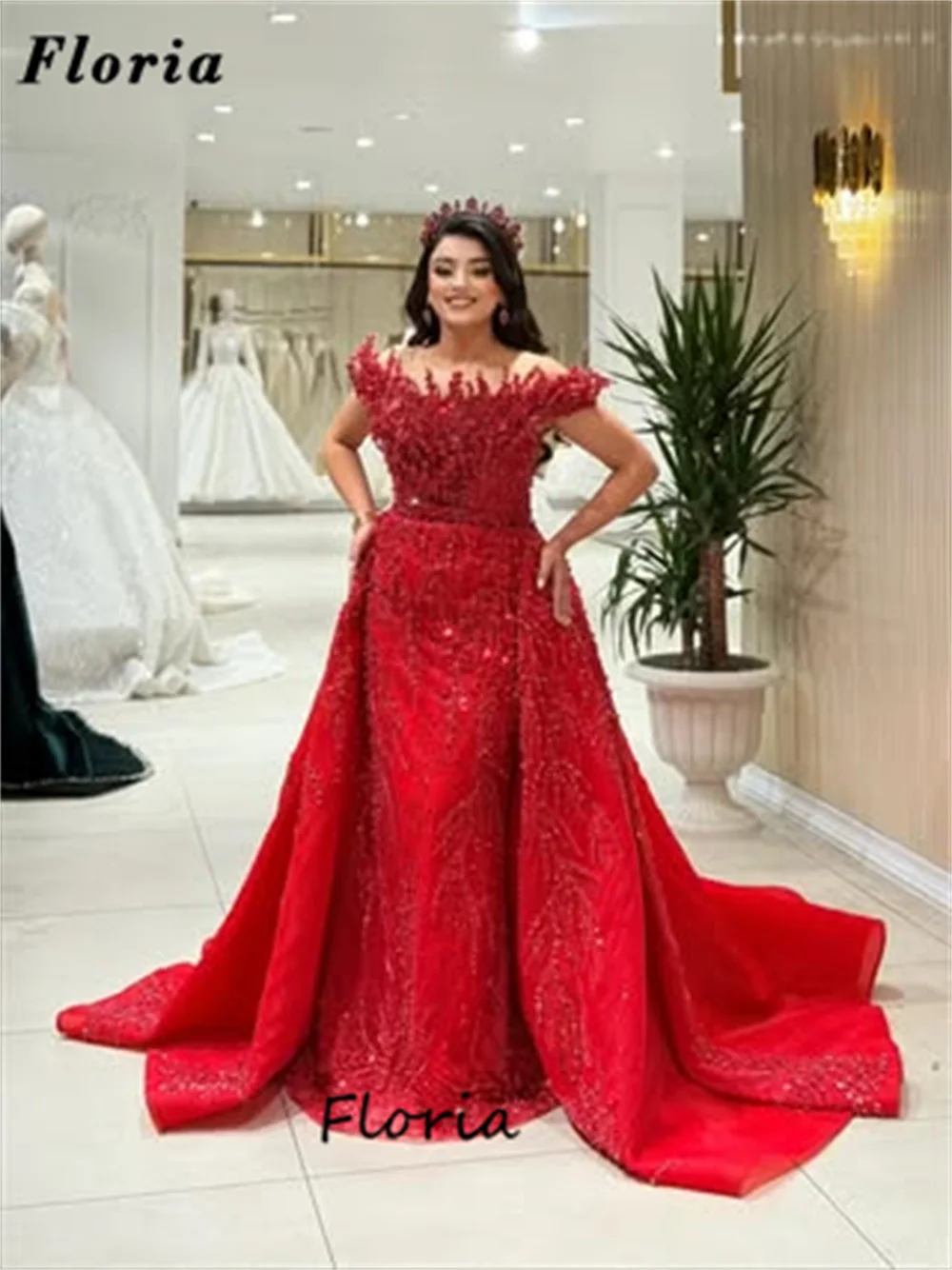 

Arabic Red Beading Prom Dresses With Overskirt Dubai Off Shoulder Crystals Evening Dress Customized Wedding Guest Gowns Party