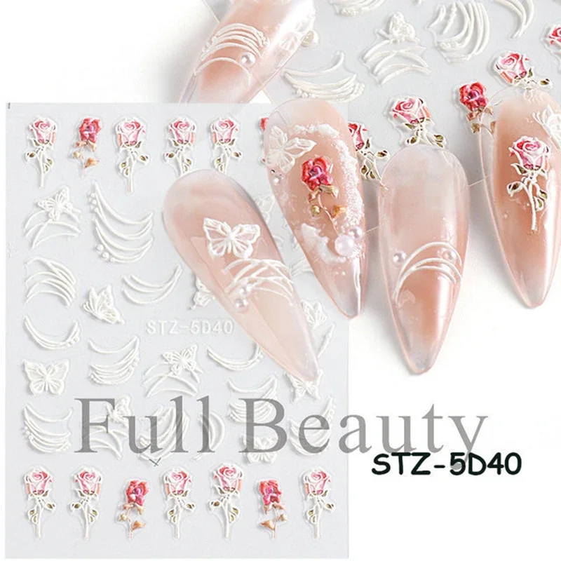 5D Nail Charmsl Stickers Flowers Leaves Self-Adhesive Slider Acrylic Summer Wedding Design Embossed Decals Nail Accessories