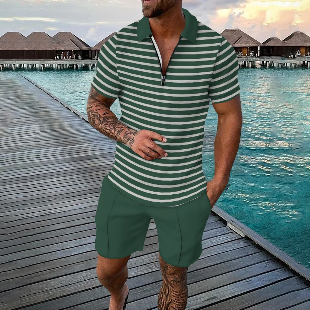 Men's Stripe Pattern Two Piece Sets Summer Casual Zipper Polo Shirt Shorts Outfits Fashion Daily Casual Breathable Oversize Suit