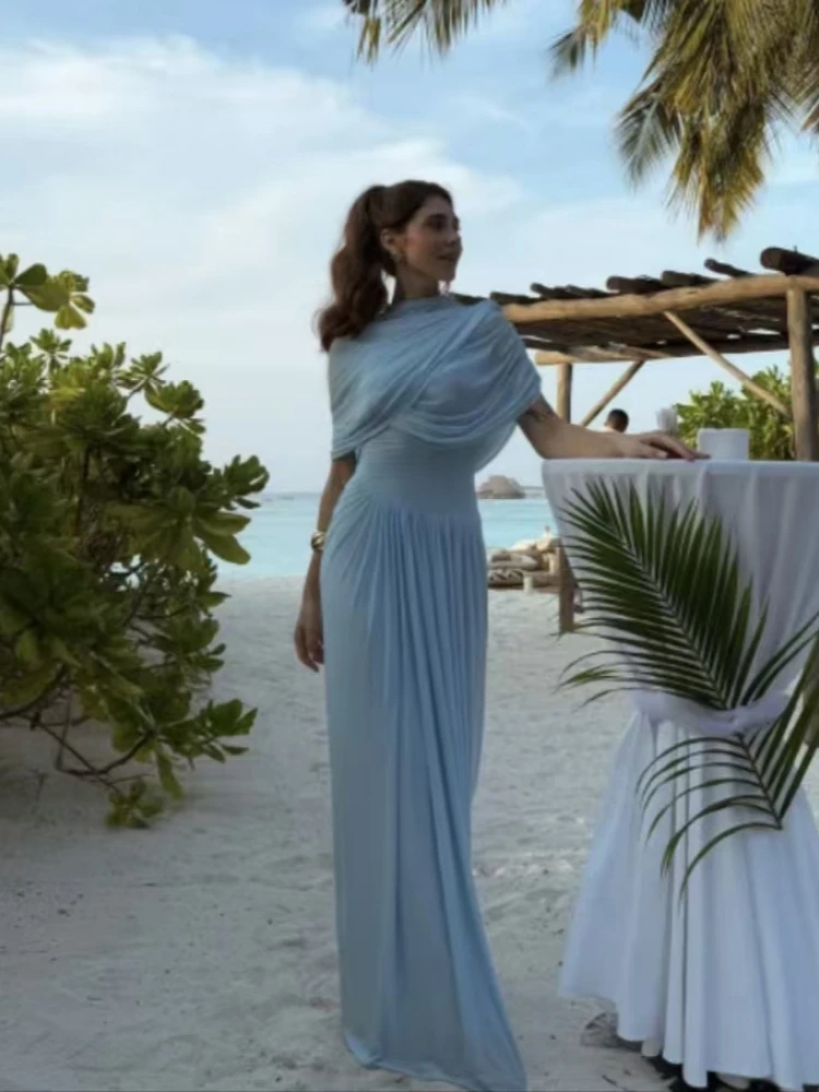 Pink Elegant Mesh Shawl Ruched Asymmetrical Maxi Women Dress Summer Light Blue Slim Party Dress Female Chic Evening Prom Gowns