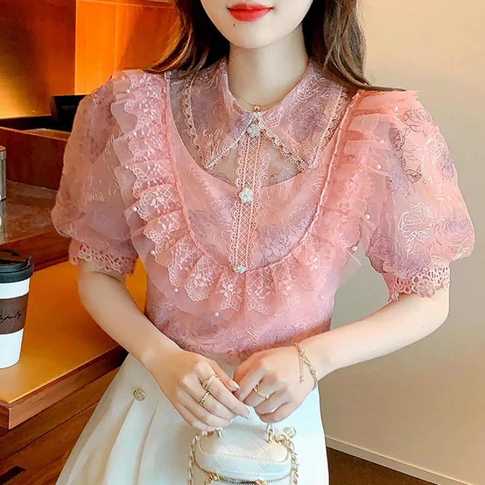 Summer Elegant Lace Pearl Sweet Chiffon Shirt Womens 2022 New Fashion Fairy Blouses Puff Sleeve Rose Print Tops Mujer Blusas