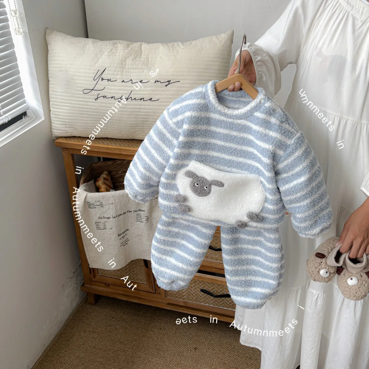 الشتاء الرضع طفلة قطعتين مجموعة مخطط الأغنام أفخم الدافئة طفل طفل الفتيات بلايز مرونة الخصر الوليد فتاة بانت ملابس خاصة