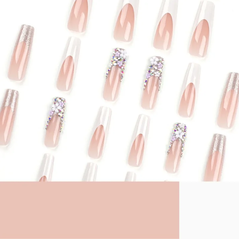 24 pçs unhas falsas brancas francesas com cola flor diamantes coloridos unhas falsas com cola extra longa meninas imprensa de luxo em unhas