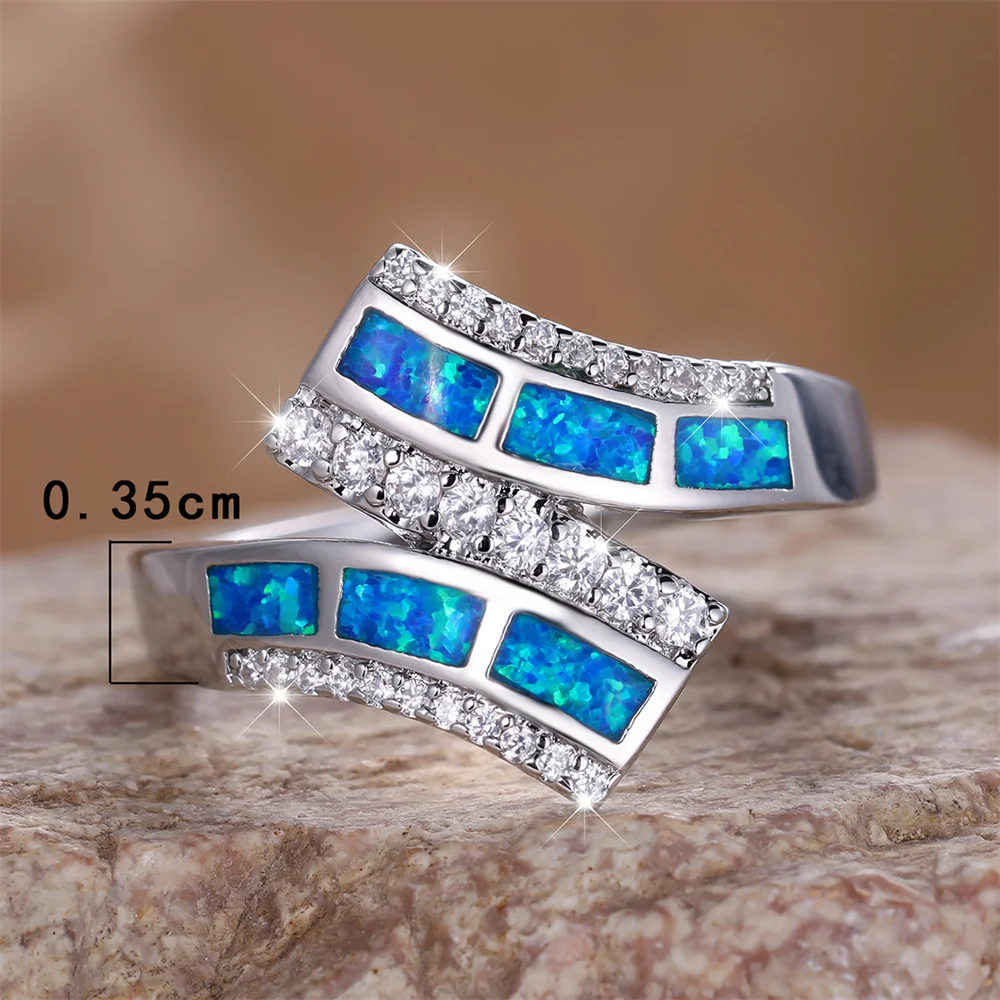 Luxury Crystal White Zircon Geometric Blue Opal Engagement Rings For Women Vintage Silver Color Wedding Band Jewelry Mother Gift