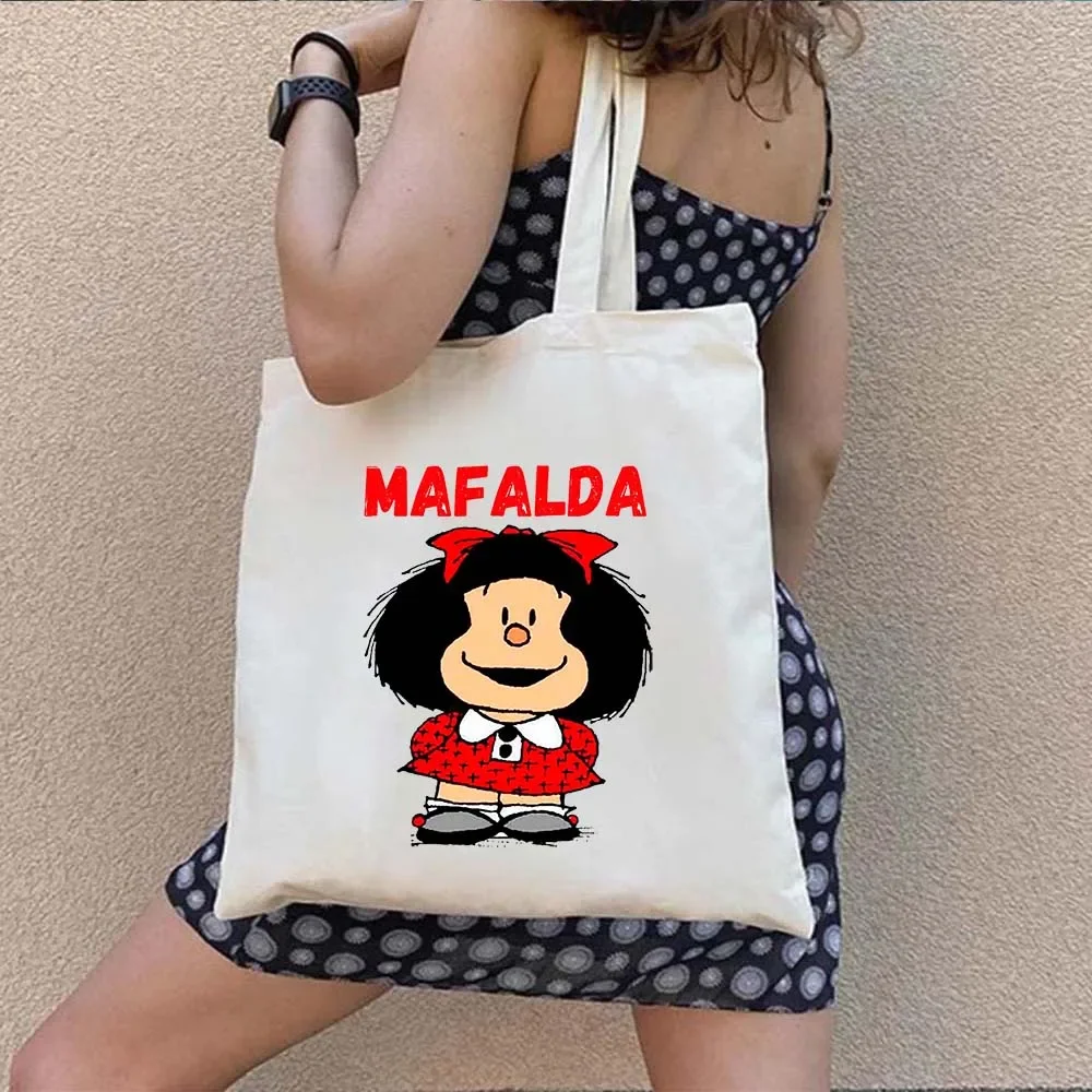 Kawaii Mafalda Shopping Bag Cute Anime Manga Girl Harajuku Flower Canvas Tote Bag Large Capacity Shopper Casual Shoulder Handbag