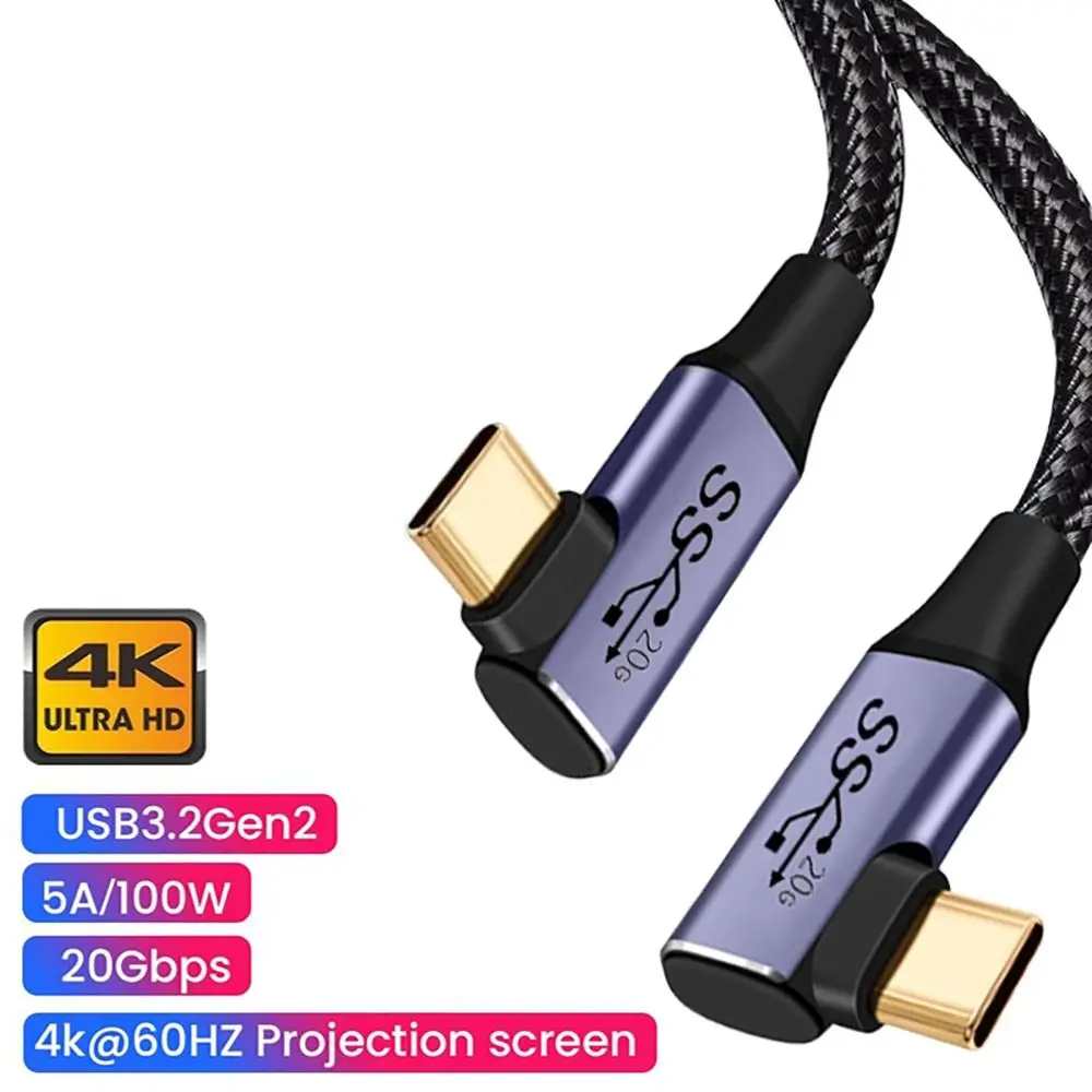 PD 100W USB 3.2 Type-C Gen 2 Cable 4K@60Hz 5A USB-C Data Cord 20Gbps Elbow Video Wire for Laptop Mobile Phone Hard Disk