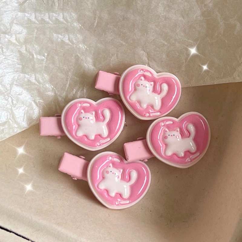 Pink Love Heart Cat Hair Clip Cartoon Sweet Cute Fun Aesthetic Hair Accessories for Women 2023 Trending Hairwear