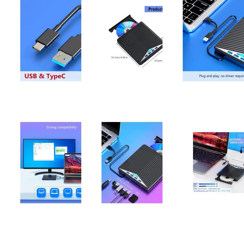 

7 in 1 External Disc Drive Reader USB3.0 Type C HUB Stable Performances for Desktop Laptop PC A4WF