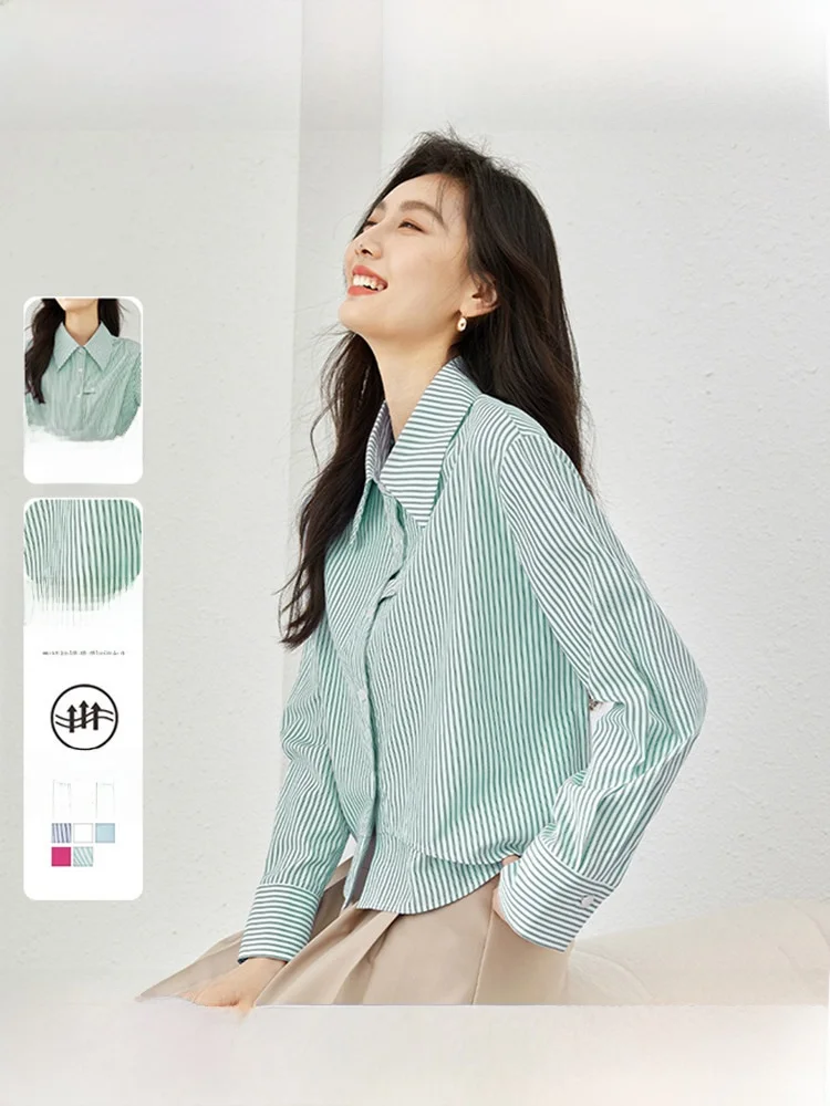

Elegant Striped Long Sleeve Shirt Women's Spring New Style Turn-down Collar Casual Fashion Top Cotton Blend Comfortable Fit