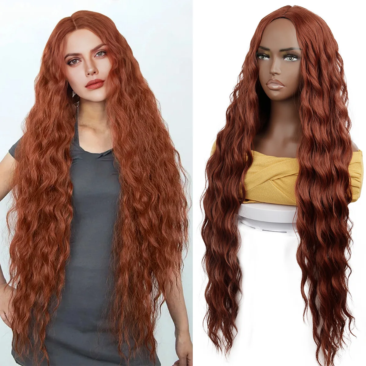 

Длинный красно-коричневый волнистый парик из термостойкого волокна, синтетические волосы с естественными кудрями, густые и объемные, для афроамериканцев, для повседневной носки, вечеринок и косплея