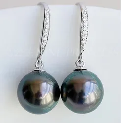 PAIR 16MM SOUTH SEA TAHITIAN BLACK PERFECT ROUND DANGLE SHELL PEARL EARRING  jewelry for women