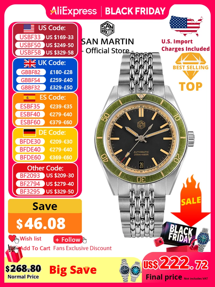 

San Martin 39,5 мм мужские часы для дайвинга винтажные потертые часы NH35 автоматические механические часы водонепроницаемые 200 м C3 Lume SN0116 Reloj