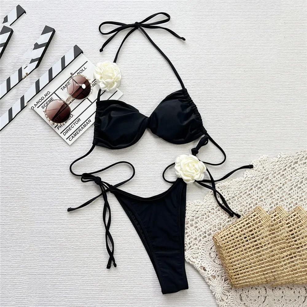 Sexy 3D Flower Micro Thong Bikinis Sets 2024 Women String Halter Lace-up Swimsuits Black Bandeau Swimwear Bathing Suit Bikini