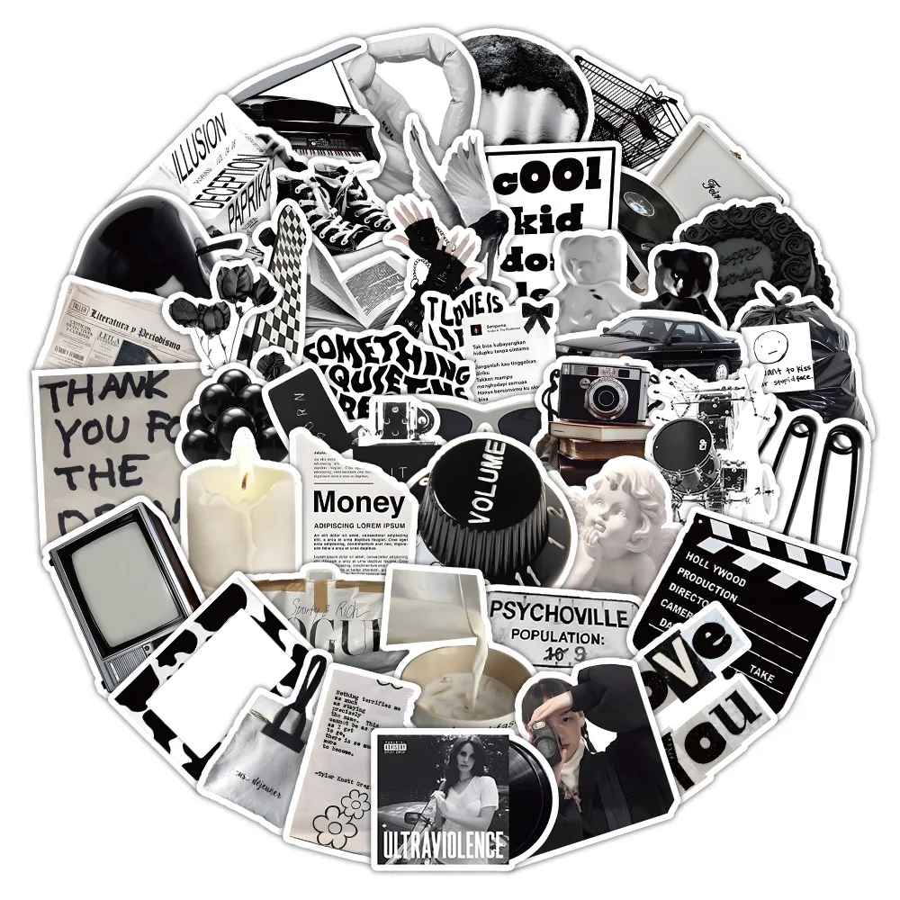 

50 шт. INS стиль черно-белые наклейки ретро Y2K эстетические наклейки украшения чемодан ноутбук телефон крутой набор наклеек подарки