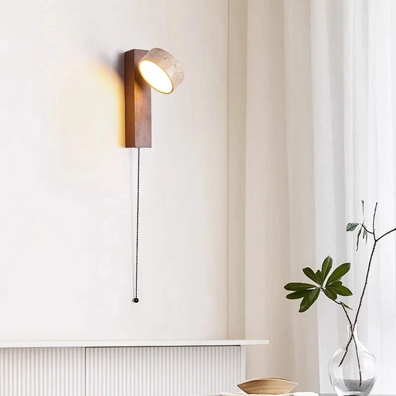 Minimalist Wood Travertine LED Wall Lamp Pull Switch Wall Sconce for Bedroom Reading Room Living Room Home Fixture