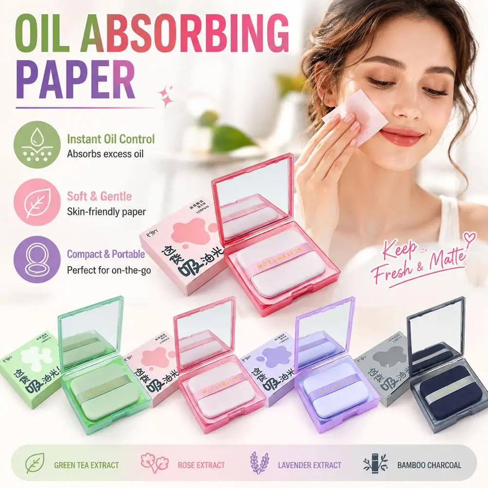 100pcs Facial Oil Blotting Paper With Mirror And Powder Protable Natural Bamboo Charcoal Oil Absorbing Paper Freshness Skin Care