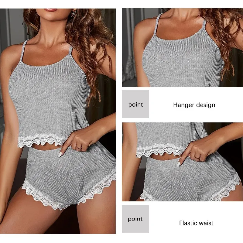 Soft Comfortable Women Sleeveless T-Shirts and Shorts Loose Home Wear Underwear Sexy Lace Pajamas Set