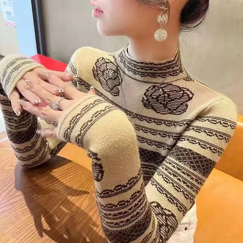 Women Fashion High End Jacquard Casual Pullovers Autumn Winter Soft Wool Slim Jumper Vintage Elegant Knitted Sweaters