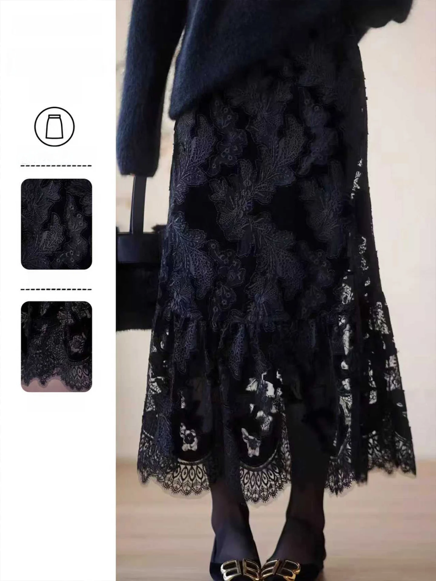 

Юбка ZhaodaXi из бархата с кружевной вышивкой, с завышенной талией, повседневная, приталенная, коллекция Зима 2025