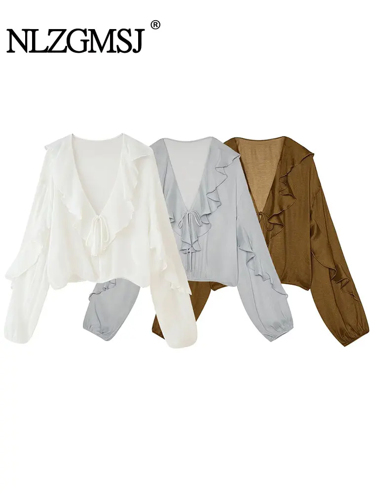 

Casual Chic Women Blouse Solid Tierred V-Neck Long Sleeve Blouse New Fashion 2025 Spring Summer Office Lady Shirts