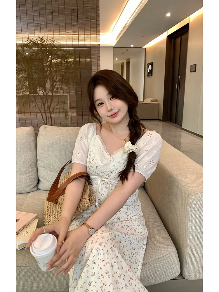 

plus Size Floral Print A-Line Dress Summer Vacation Style Slimming Long Dress for Plump Sister Casual Comfortable Cotton Gown