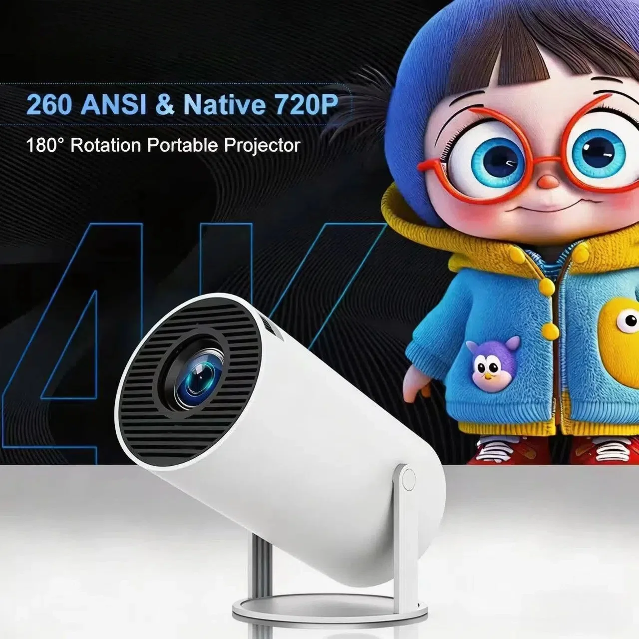 Portable Cylindrical Projector 1080P Supported, WiFi Bluetooth Home Theater Video Projector, Wireless Phone Screen Mirroring