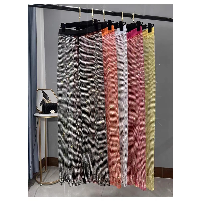 Leqoel Rhinestones Wide Leg Pants Womens 2023 New Fashion Party Beach Sexy Fishnet Loose Trousers Lady Elegant Long Palazzo Pant