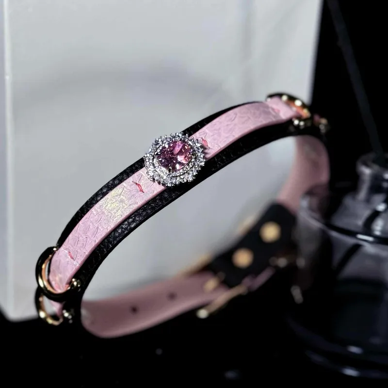 Collar Female M Wide Edition Double Layer Leather Large Water Diamond Gemstone Cat and Dog Universal Traction Rope