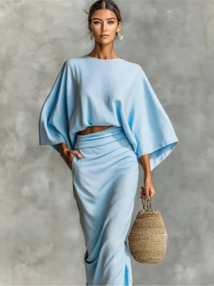 2026 New Fashion Bat Sleeve Shirt + Skirt Suit Women Autumn Casual Loose Solid Color Home Top Long Skirt For Women