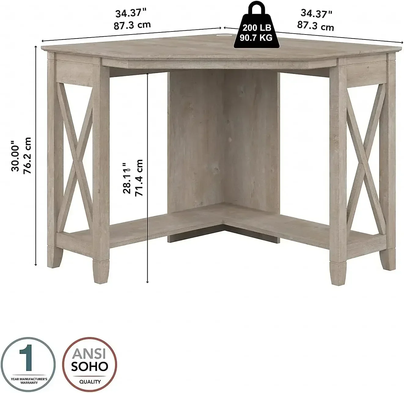 مكتب زاوية صغير من Bush Furniture Key West باللون الرمادي المغسول