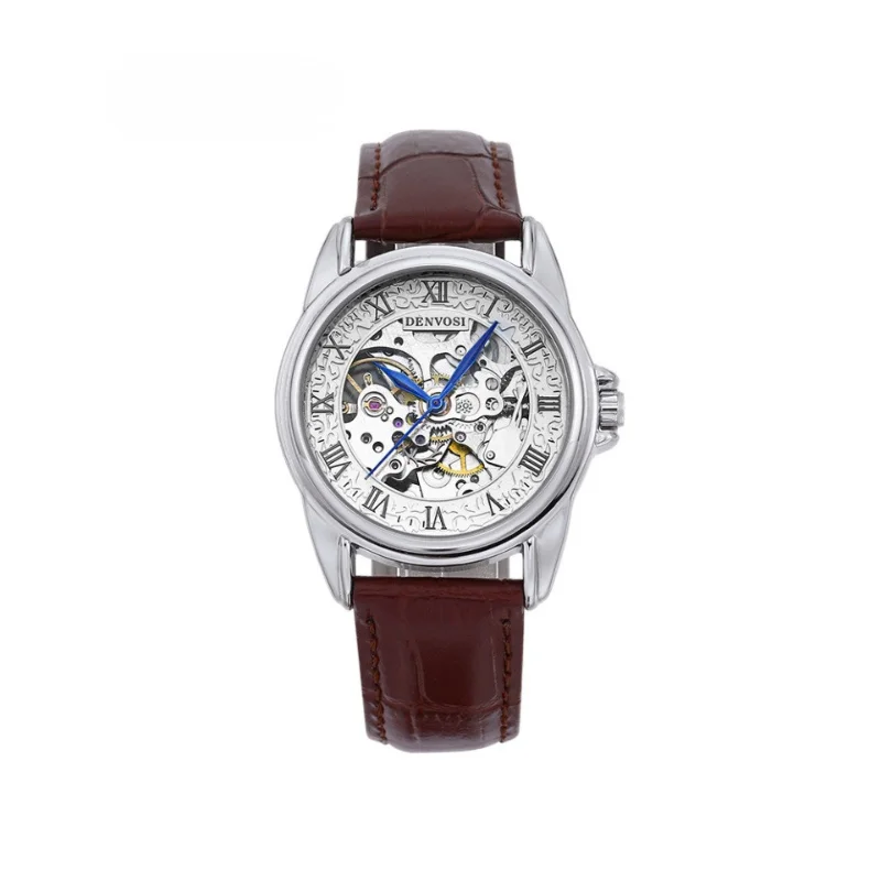 Automatic Mechanical Watch with Hollowed Dial Steel Case and Leather Strap 38mm Diameter and 15mm Thickness Daily Wateproof