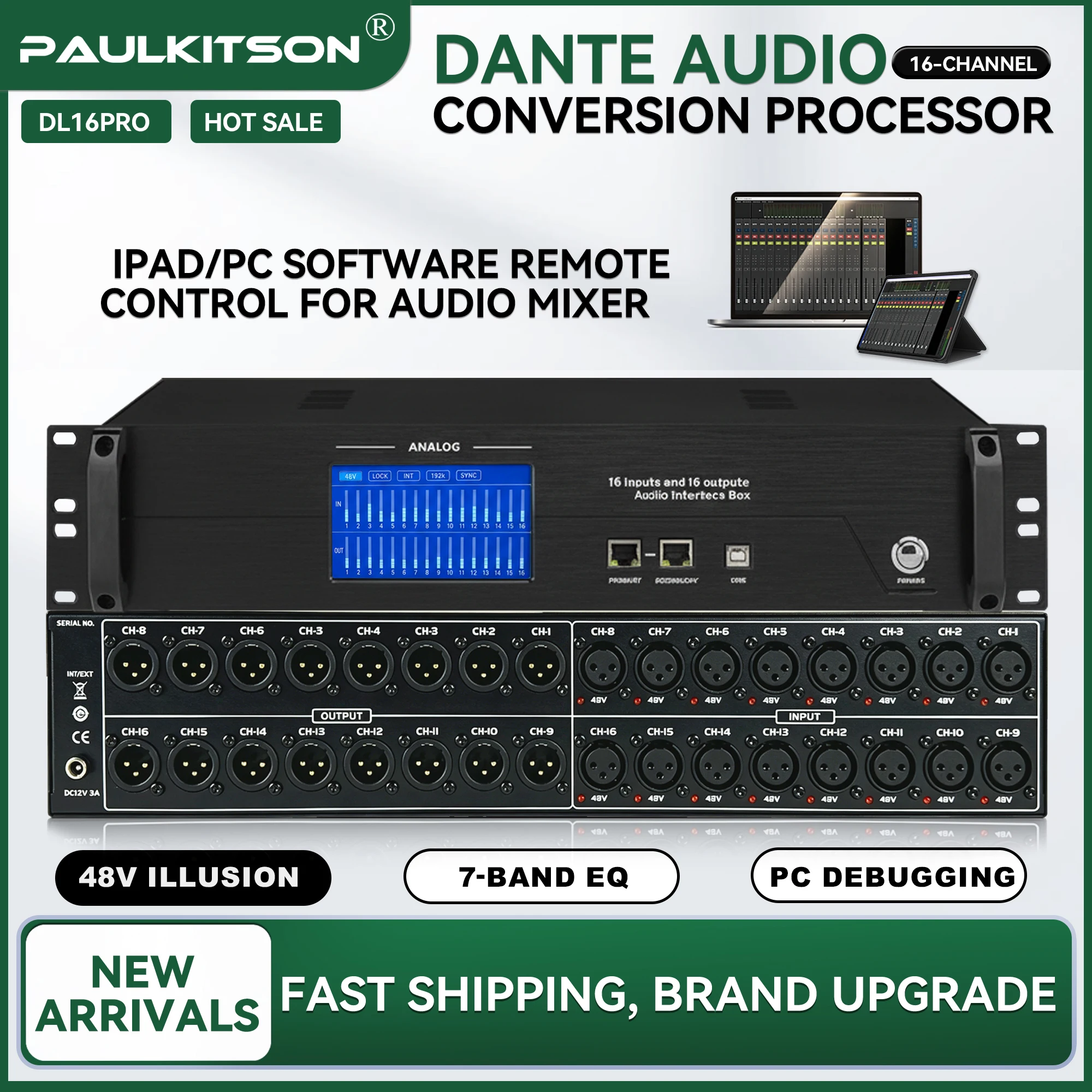 Paulkitson DL16 Pro Dante Box 16‑Channel Analog Balanced I/O Network Transmission Box PC Remote Control for Professional Audio