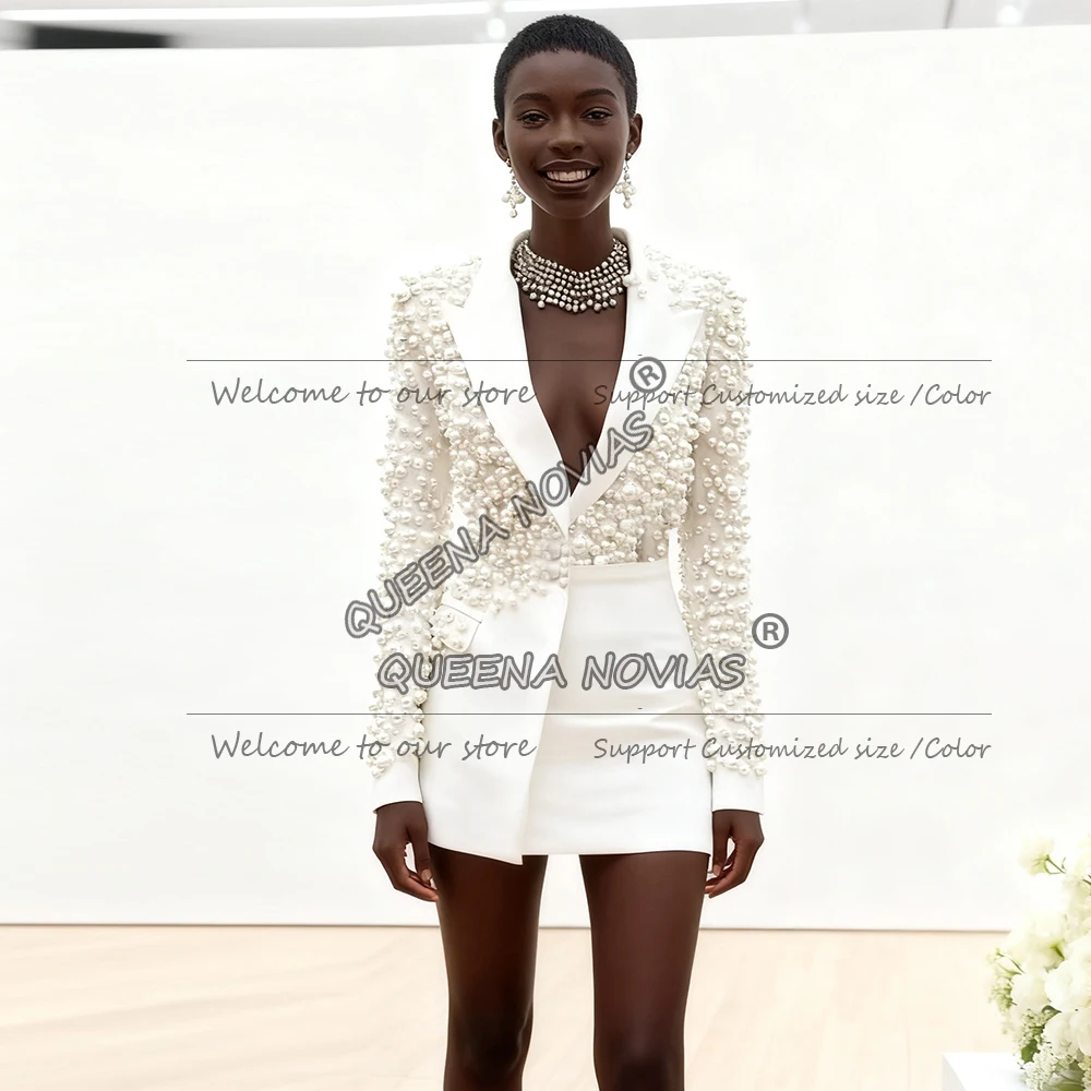 ชุดสูทประดับมุกหรูหราสำหรับผู้หญิง ชุดเซ็ต 2 ชิ้น เสื้อแจ็คเก็ต + กระโปรงสั้น ชุดทำงานสุภาพสตรี ชุดออกงาน ชุดแม่เจ้าสาวสั่งตัดได้ ปี 2026