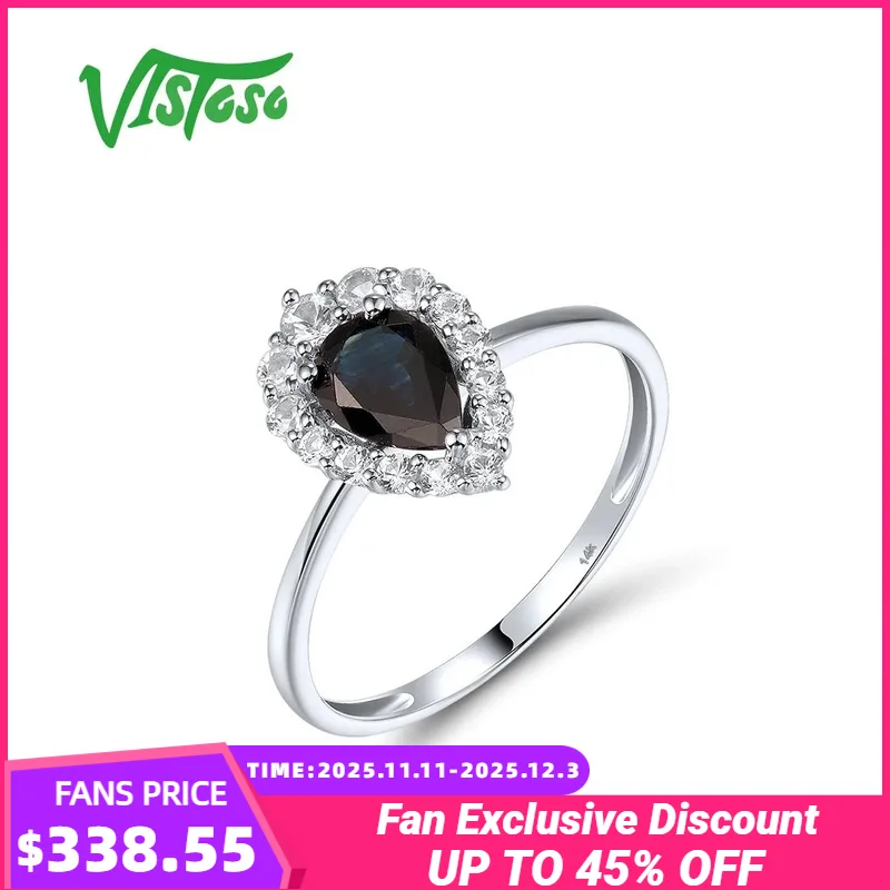

VISTOSO Pure 14K 585 White Gold Ring For Women Sparkling Diamond Blue Sapphire Simple Teardrop Wedding Engagement Fine Jewelry