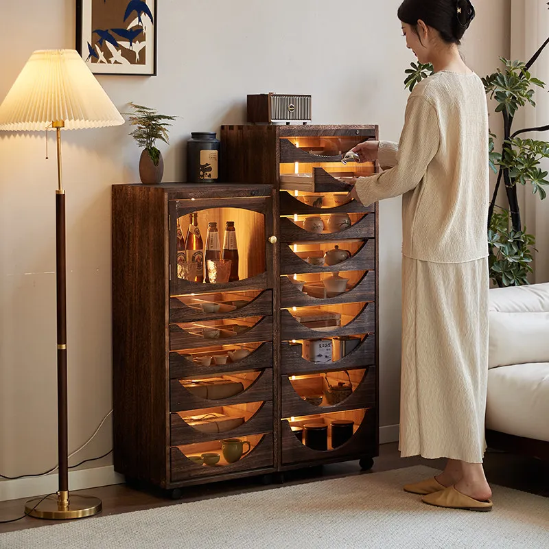 Modern Retro Solid Wood Display Cabinet with LED Lights Luxury Living Room Sideboard Multi Layer Drawer Storage Furniture FYMS