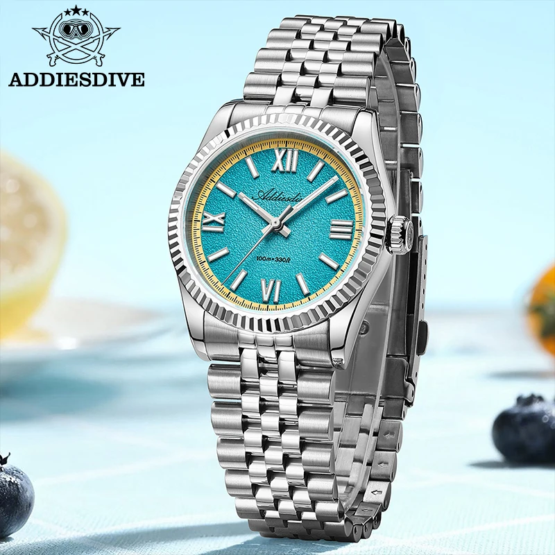 ADDIESDIVE Ladies Quartz Watch VH31 Luxury Sapphire Summer Fruit Dial Steel Watches 36mm Luminous 100m Waterproof Fashion Watch