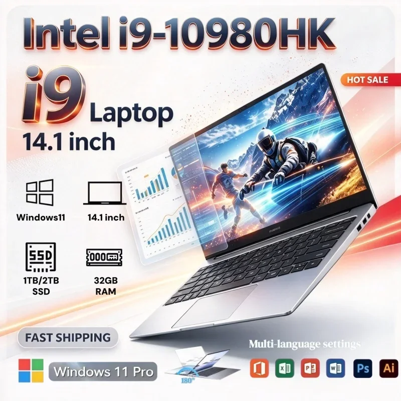 14.1 Inch Intel i9-10980HK Ultra-Slim Portable Laptop 2026 PC Windows11 1/2TB Big SSD 16GB/32GB RAM