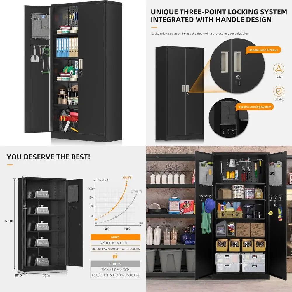 

5-уровневый высокий металлический запираемый шкаф для хранения с дверцей, многофункциональный запираемый гаражный шкаф с перфорированной доской для универсального применения