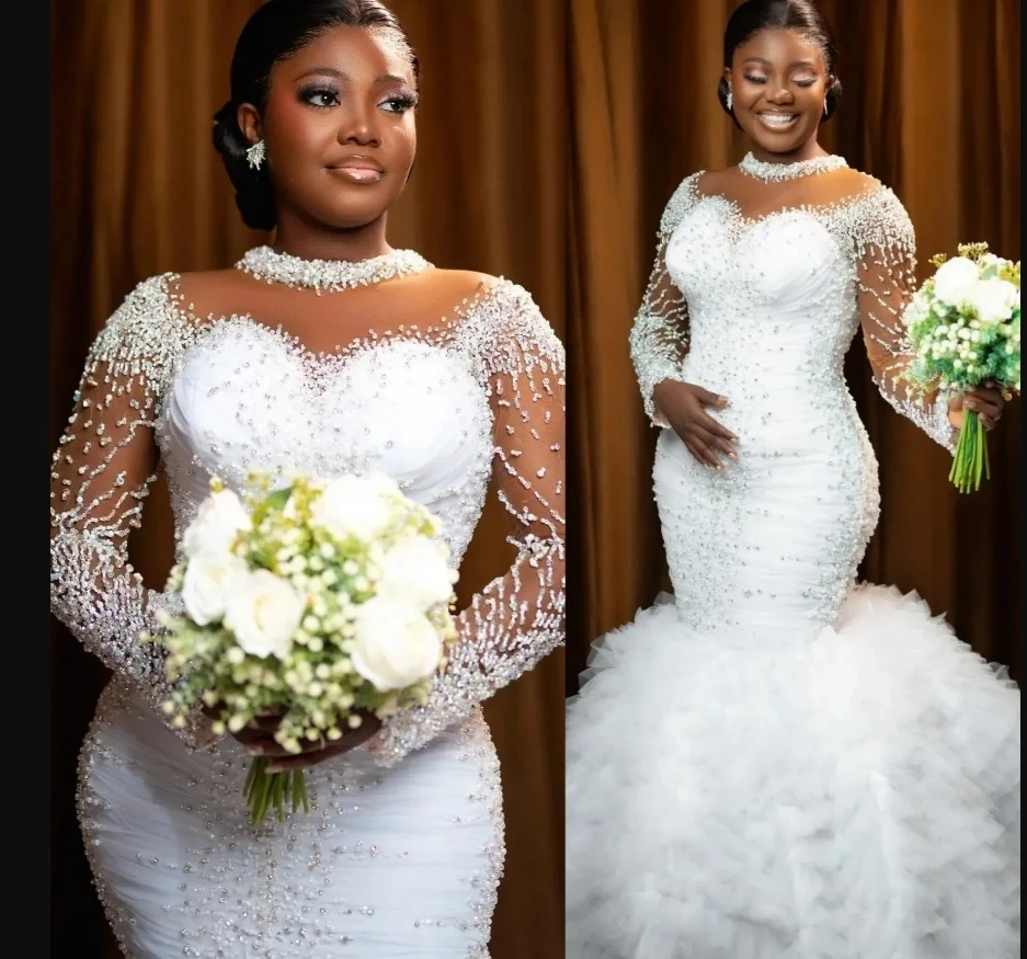 

Свадебное платье с высоким воротником и блестящими тяжелыми бусинами и кристаллами по индивидуальному заказу, Vestidos Noivas, тюлевое свадебное платье с длинными рукавами